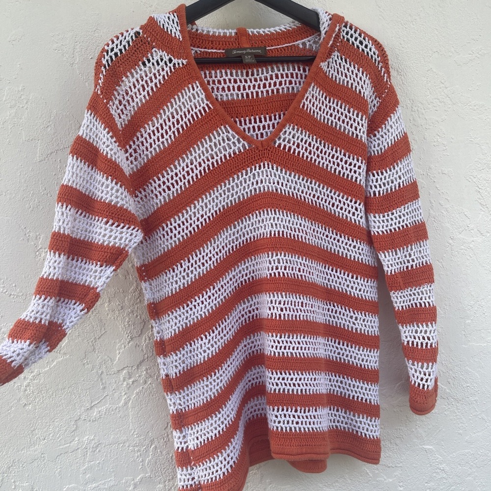Tommy Bahama Women's Hooded Open-Knit Sweater Size S Orange White V-Neck Swim
